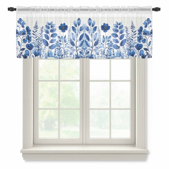Blue Botanical Sheer Curtains Valances for Windows Spring Floral Leaf ...