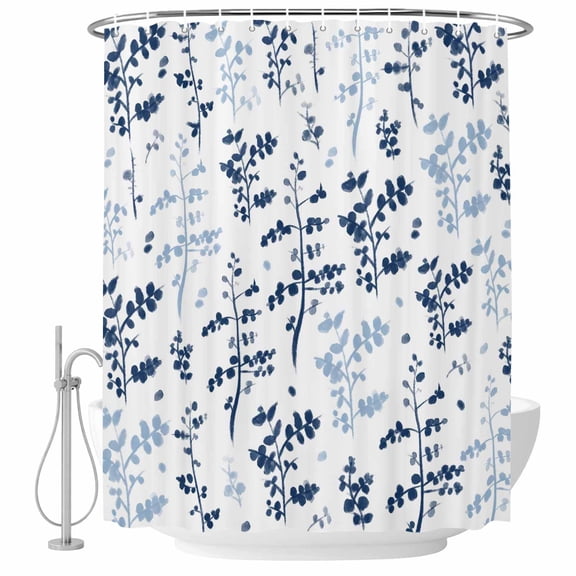 Blue Botanical Shower Curtain Set - Small 36" x 72" Washable Bathtub Curtain with 12 Hooks, Spring Floral Watercolor Leaf Waterproof Fabric Stall Shower Curtains for Bathroom/Bathtub Décor