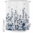thumbnail image 1 of Blue Botanical Shower Curtain, Waterproof Shower Curtains for Bathroom, Dragonfly Flower Leaf Retro Ink Style Washable Fabric Bathtub Curtain Set Bath Decor with 12 Hooks Standard 72"x72", 1 of 8