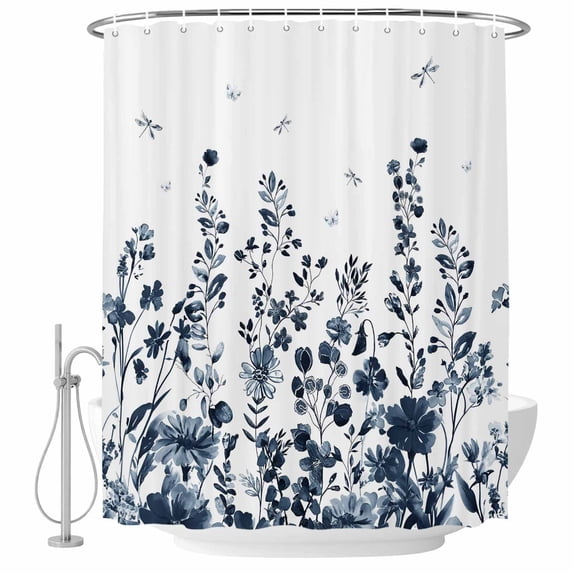 Blue Botanical Shower Curtain, Waterproof Shower Curtains for Bathroom, Dragonfly Flower Leaf Retro Ink Style Washable Fabric Bathtub Curtain Set Bath Decor with 12 Hooks Standard 72"x72"