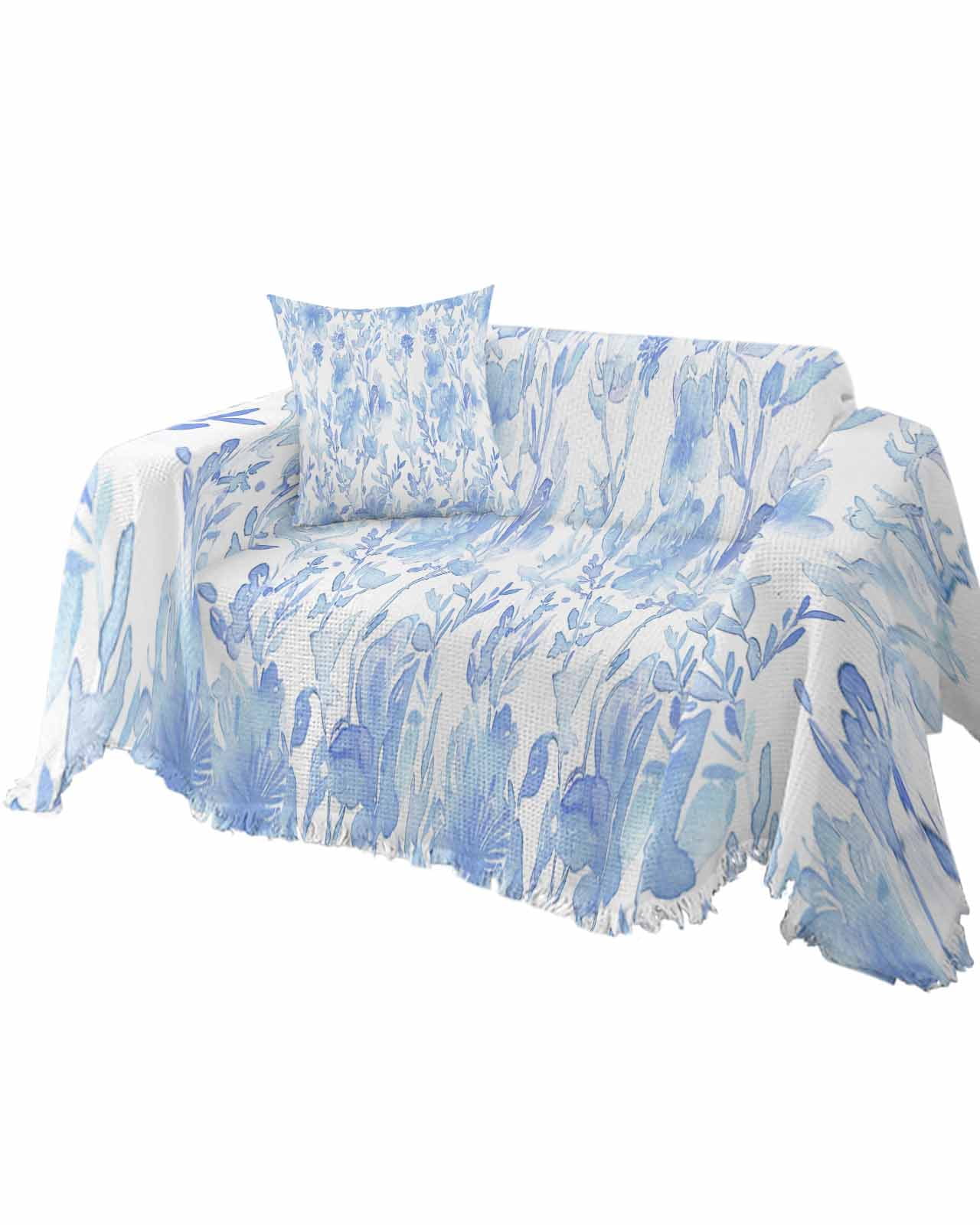 Blue Botanical Sofa Couch Covers for Dog,Washable Sofa Throw Cover Single Slipcoverfor Armchair with Tassels,Retro Ink Floral Flower Modern Minimalist Couch Protector Towel Blanket Medium 71x91