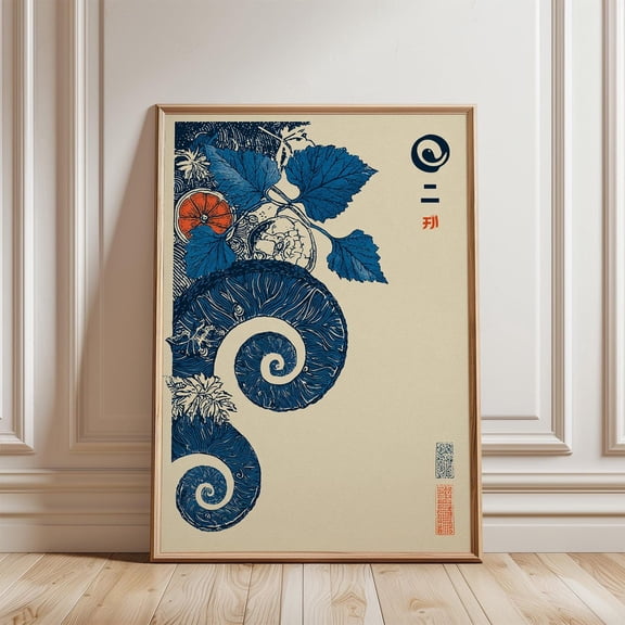Blue Botanical Spiral Poster Japanese Illustration Graphic Nature Art, Unframed Poster