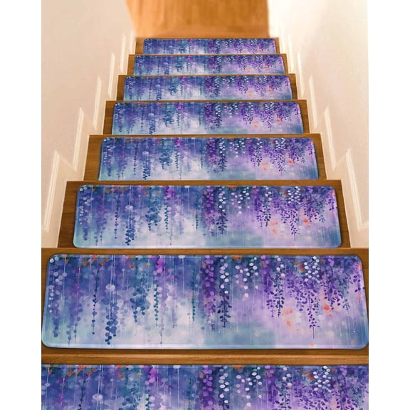 Blue Botanical Stair Treads for Wooden Steps Indoor Runner Rug Carpet,Watercolor Spring Floral Oil Painting Elegant 15 Pieces Peel and Stick Staircase Step Treads Covers Throw Door Mats,30"x8"