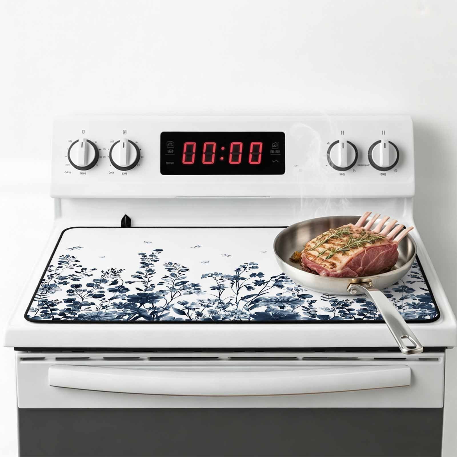 Blue Botanical Stove Top Cover for Electric Stove, Heat-proof & Non Slip Glass Top Stove Cover Protector, Dragonfly Flower Leaf Retro Ink Style Kitchen Flat Cooktop Rubber Mat 24x21 Inches