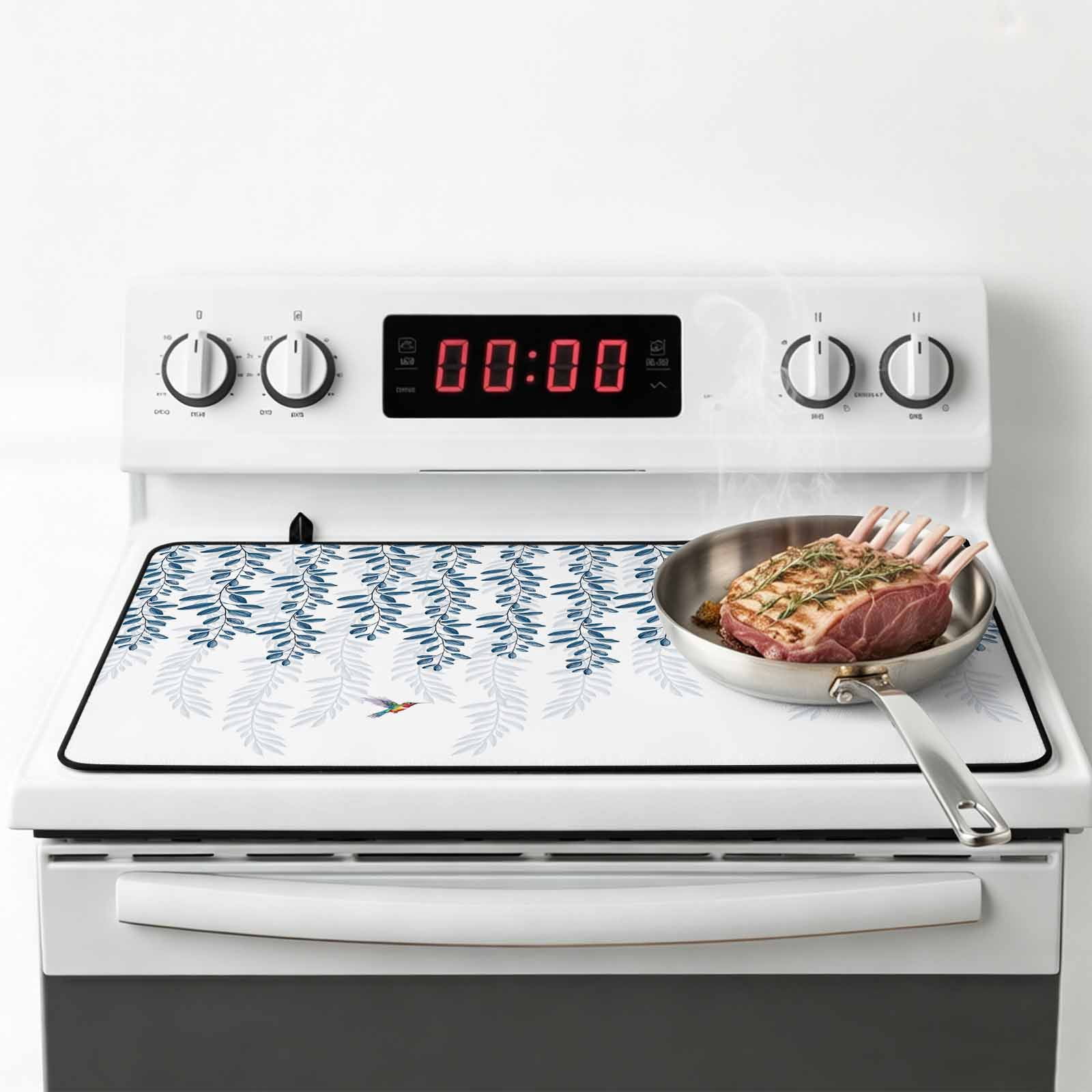 Blue Botanical Stove Top Cover for Electric Stove, Heat-proof & Non Slip Glass Top Stove Cover Protector, Pastoral Spring Floral Summer Birds Kitchen Flat Cooktop Rubber Mat 24x21 Inches