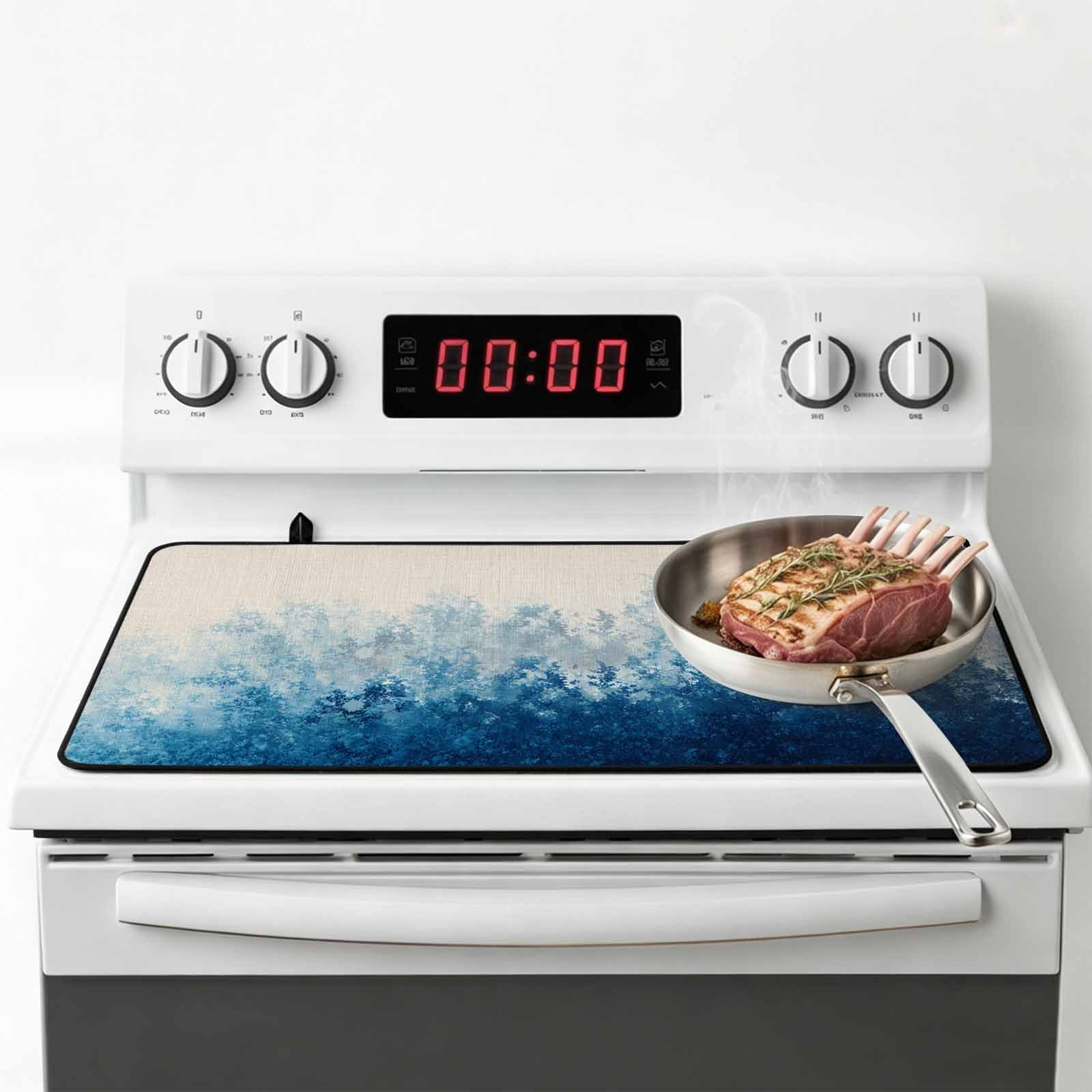 Blue Botanical Stove Top Cover for Electric Stove, Heat-proof & Non Slip Glass Top Stove Cover Protector, Spring Summer Farmhouse Retro Beige Kitchen Flat Cooktop Rubber Mat 24x21 Inches