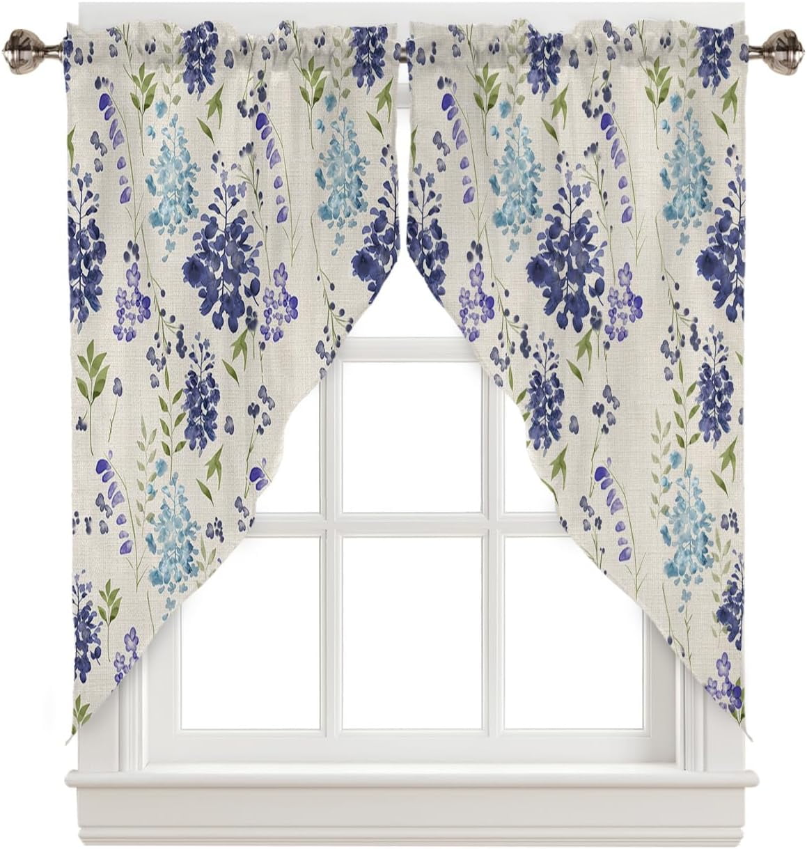 Blue Botanical Swag Curtains for Kitchen/Bedroom/Living Room Watercolor