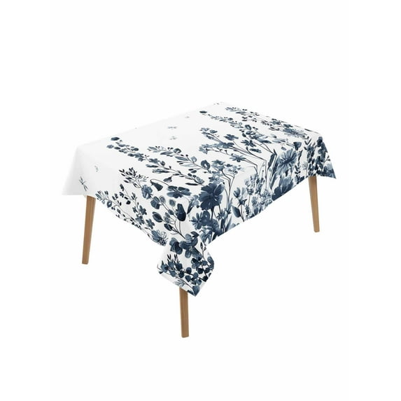 Blue Botanical Table Cloth, Dragonfly Flower Leaf Retro Ink Style Waterproof Tablecloth for Rectangle Tables, Reusable Washable Fabric Table Cover for Restaurant Kitchen Dining Tables 52"x70"