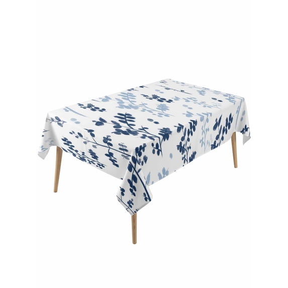 Blue Botanical Table Cloth, Waterproof Tablecloth for Rectangle Tables, Spring Floral Watercolor Leaf Reusable Washable Fabric Table Cover for Restaurant Kitchen Dining Tables 54"x108"