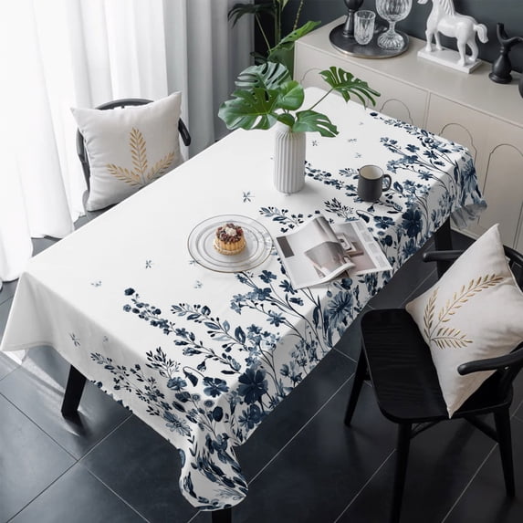 Blue Botanical Table Cloth Waterproof Tablecloths, Dragonfly Flower Leaf Retro Ink Style Tablecloth Dining Table Cover for Kitchen Party Tabletop Outdoor, Rectangle Tablecloth 54x108 Inch