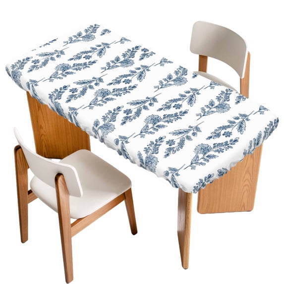Blue Botanical Table Cloths for 5 Foot Rectangle Tables, Pastoral Elegant Spring Floral Patio Waterproof Elastic Fitted Tablecloths, Washable Rectangular Table Cover for Camping