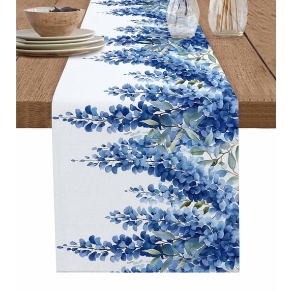 Blue Botanical Table Runner 48 Inches, Spring Eucalyptus Leaves Greenery Bed Runner Dresser Scarves Tabletop for Indoor Outdoor Parties/Ceremony/Banquet, 13" x 48"