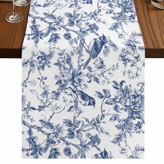 Blue Botanical Table Runner 70 Inches Long, Vintage Botanical Birds Cotton Linen Table Runners Dresser Scarves, Decorative Fabric Tabletop Scarf Furniture Cover for Home Dinner Party 13"x70"