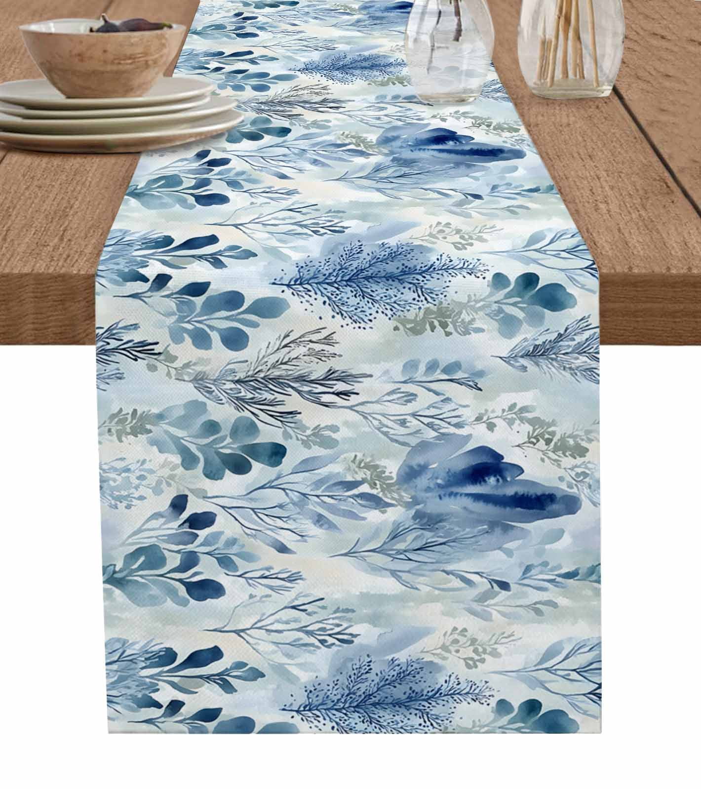 Blue Botanical Table Runner 90 Inches, Vintage Impressionist Style ...