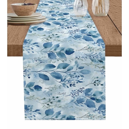 Blue Botanical Table Runner Cotton Linen 48 Inch Holiday Dresser Scarves, Retro Impressionist Style Watercolor Tablerunner for Kitchen Coffee Dining Bedroom Living Room Dinner Scarf Décor 13''x48''