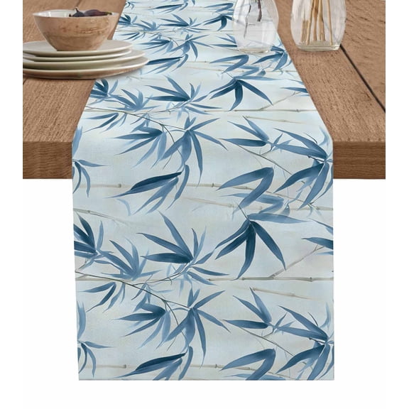 Blue Botanical Table Runner Cotton Linen 60 Inch Holiday Dresser Scarves, Spring Pastoral Summer Leaf Tablerunner for Kitchen Coffee Dining Bedroom Home Living Room Dinner Scarf Décor 13''x60''
