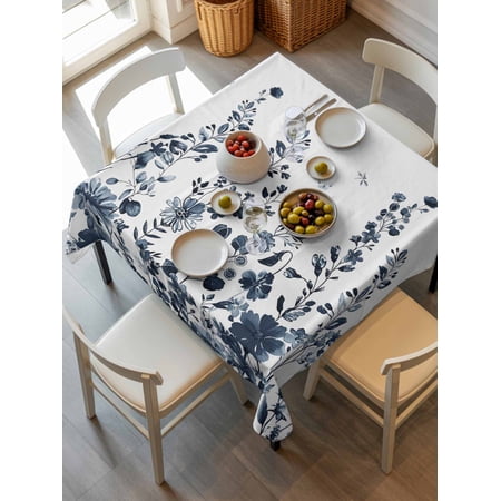Blue Botanical Tablecloth Square Table Cloth 54x54,Waterproof Outdoor Table Cloth Covers Decorative Table Protector,Dragonfly Flower Leaf Retro Ink Style Washable Kitchen Party Dinning Table Cover