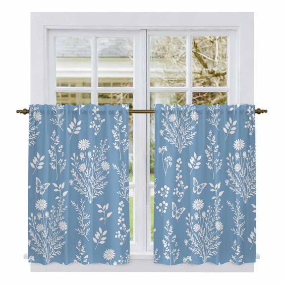 Blue Botanical Tier Curtains 54 Inch Length, Spring Summer Chic Wildflowers Cafe Short Curtains for Bathroom Over Sink, Small Kitchen Curtain Light Filtering Tiered Drapes 2 Panels 27.5"Wx54"L