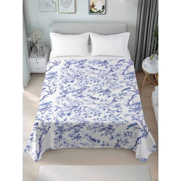 Blue Botanical Twim Size Flat Sheet, Wrinkleproof & Fadeproof Cooling Flat Bed Sheet Only, Elegant Watercolor Botanical Birds Breathable Soft Bedding Top Sheets 66 x 96 Inches