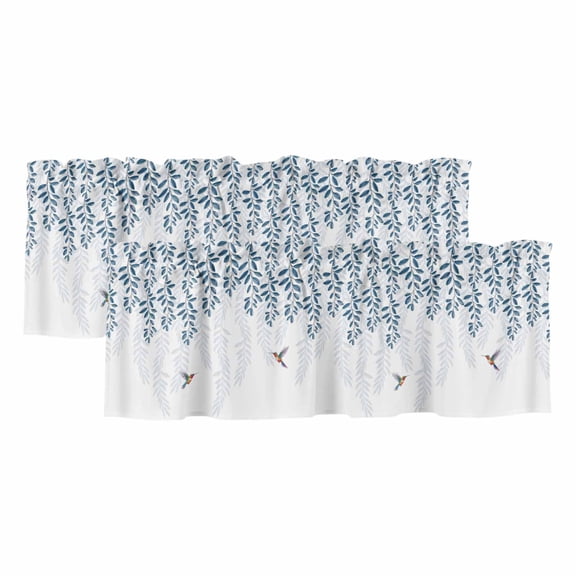 Blue Botanical Valances for Windows, Light Filtering Kitchen Curtain Valances 2 Panels, Pastoral Spring Floral Summer Birds Rod Pocket Short Window Treatments for Living Room Bedroom 42"Wx12"L