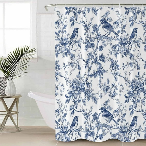 Blue Botanical Waterproof Fabric Shower Curtain, Vintage Botanical Birds Shower Curtain for Bathroom Curtains Bathtubs Hotel Washable Shower Curtains with 12 Hooks Small 36x72in
