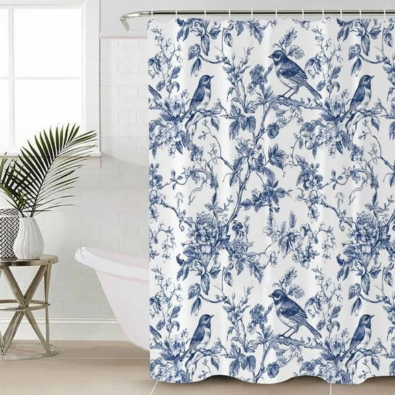 Blue Botanical Waterproof Fabric Shower Curtain, Vintage Botanical Birds Shower Curtain for Bathroom Curtains Bathtubs Hotel Washable Shower Curtains with 12 Hooks Small 36x78in