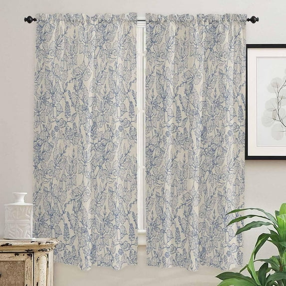 Blue Botanical Window Curtains 84 Inch Length, Rustic Vintage Floral Leaves Rod Pocket Kitchen Window Treatments Drapes for Bedroom, Cafe, Living Room, 2 Panels, 52 W x 84 L