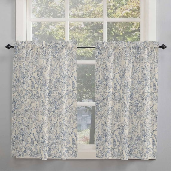 Blue Botanical Window Short Curtains 63 Inch Length, Rustic Vintage Floral Leaves Rod Pocket Kitchen Window Treatments Drapes for Bedroom, Cafe, Living Room, 2 Panels, 52 W x 63 L