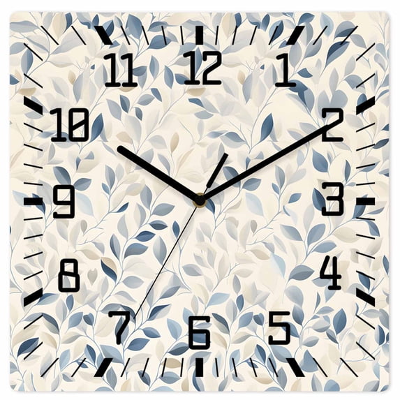 Blue Botanical Wooden Wall Clock Silent Non Ticking, Farmhouse Spring Summer Plant Square Wall Clocks Battery Operated, Decor Clock for Home Office, Living Room, Kitchen, 12 Inch
