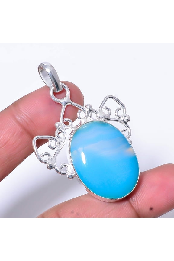 Blue Botswana Agate - Botswana Handmade 925 Sterling Silver Pendant 2.07" P39