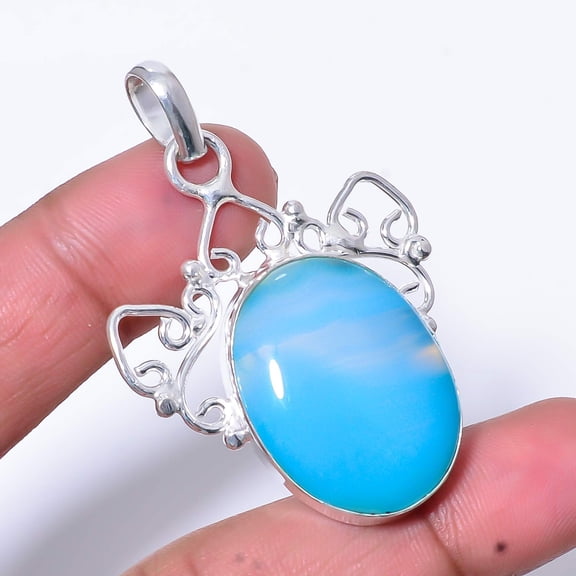 Blue Botswana Agate - Botswana Handmade 925 Sterling Silver Pendant 2.07" P39