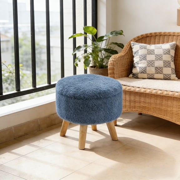 Blue Boucle Round Ottoman with Storage - Teddy Velvet Footrest Stool with Wooden Legs for Living Room, Bedroom & Entryway