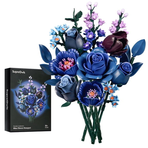 SupreOwls Blue Flower Bouquet Building Block Set for Adults, Botanical Flower Model Kit, DIY Construction Kit, ABS Plastic, 12 Pieces
