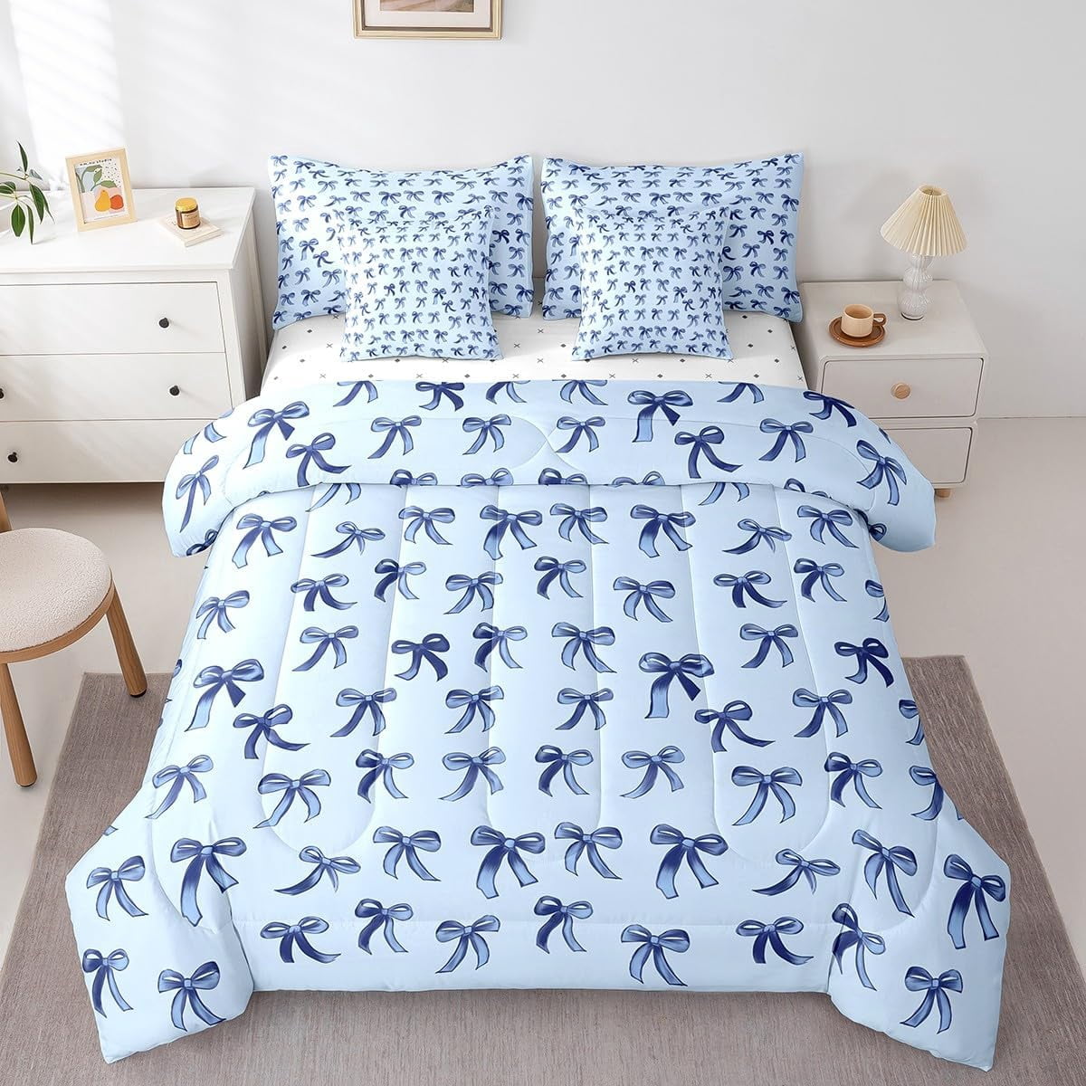 Blue Bow 7-Piece Bedding Set Twin Size Teen Girl Coquette Bow Comforter ...