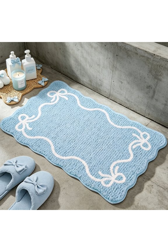 Blue Bow Bath Mat Cute Bow Bathroom Rug Super Soft Absorbent Bathroom Rugs Non Slip Bath Mat Machine Washable Rug for Bathrooms 16x24 inches