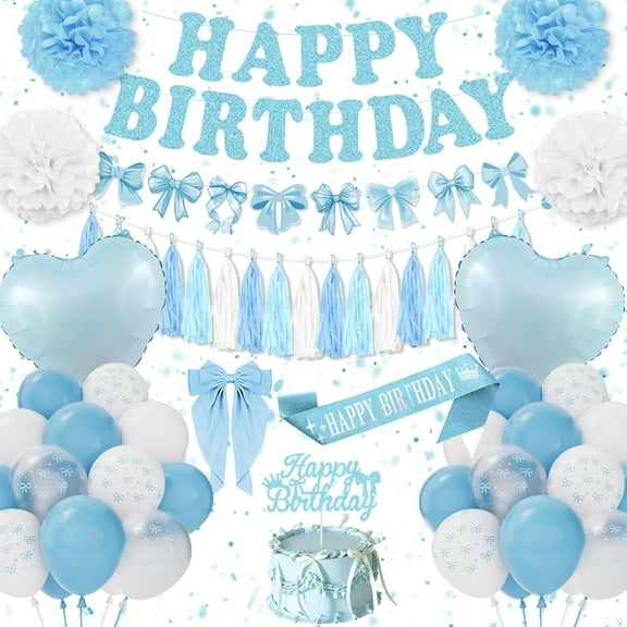 Blue Bow Birthday Decorations, Happy Birthday Banner, Blue White Balloons, Hair Clips Pompoms Sash, Girls Women Princess Coquette Party Deco