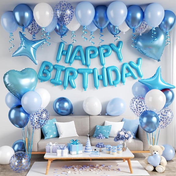 Blue Bow Birthday Decorations, Happy Birthday Banner with Pearl White Light Baby Blue Bows Print Balloon Mini Bows Ribbon Decor, Bow Heart Foil Balloons for Men Boys Girls Women Birthday Party