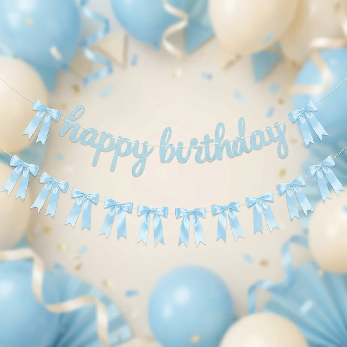 Blue Bow Birthday Decorations Happy Birthday Banner Satin Ribbon Bow ...