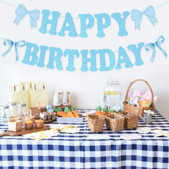 Blue Bow Birthday Party Decorations, Coquette Birthday Decorations Blue Bow Happy Birthday Party Banner for Girls Women Bridal Engagement, Baby Shower Decorations Blue Bow Birthday Party Supplies