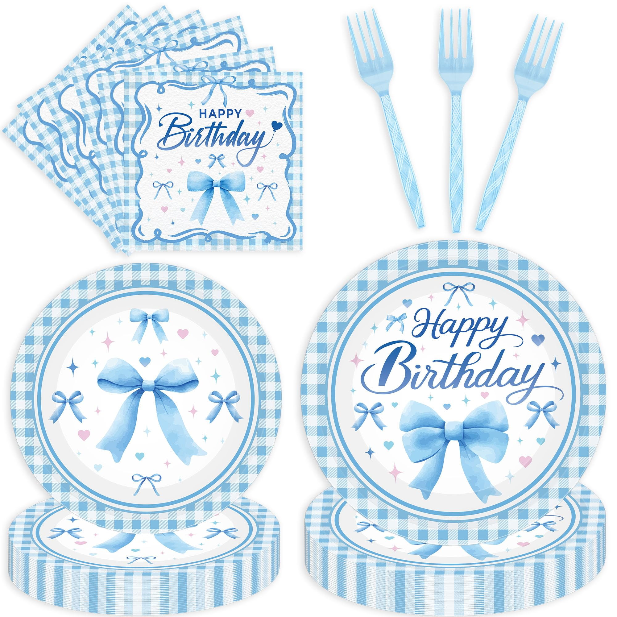 Blue Bow Birthday Party Supplies, 96 AFN1Pcs Coquette Party Plates, Napkins, Forks, Blue Bow Theme Tableware Birthday Supplies for 24 Guests, Bachelorette Decorations