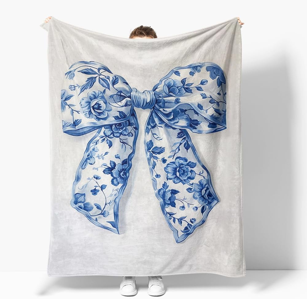 Juliana Blue & White Knitted Blanket With Bow main image 0