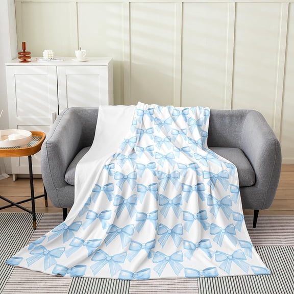 Blue Bow Blanket Fluffy Soft Fleece Throw Blanket for Couch Sofa Bed