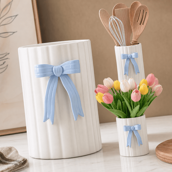 Blue Bow Ceramic Utensil Holder Scalloped Preppy Kitchen Organizer