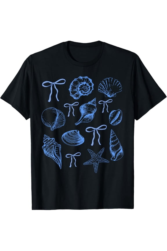 Blue Bow Coquette Seashell Coastal Starfish Ocean Beach T-Shirt