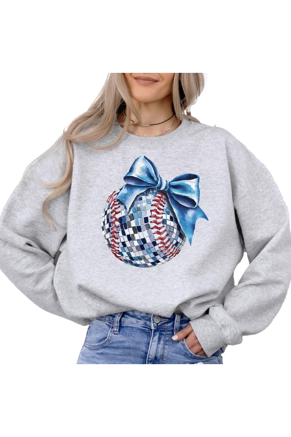 Blue Bow Disco Softball Sweatshirt for Player Fan Coach Game Day Girly Baseball Pullover Gray Sweatshirt Adult Small