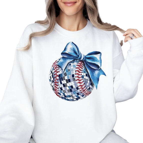 Blue Bow Disco Softball Sweatshirt for Player Fan Coach Game Day Girly Baseball Pullover White Sweatshirt Adult Medium