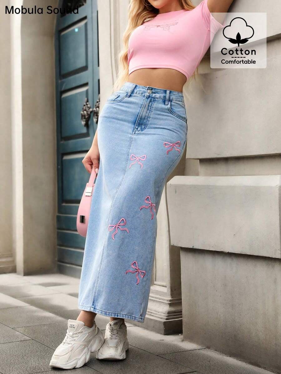Blue Bow Embroidered Denim Midi Skirt Straight Fit Casual