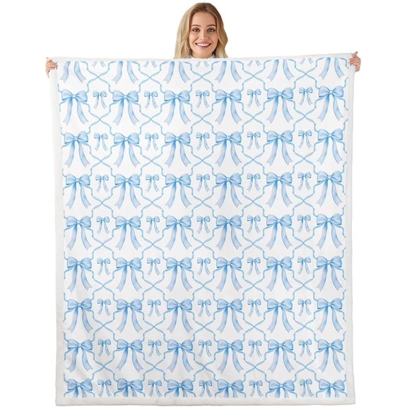 Blue Bow Fleece Throw Blanket Coquette Aesthetic Soft Cozy Blanket For Bed And Couch