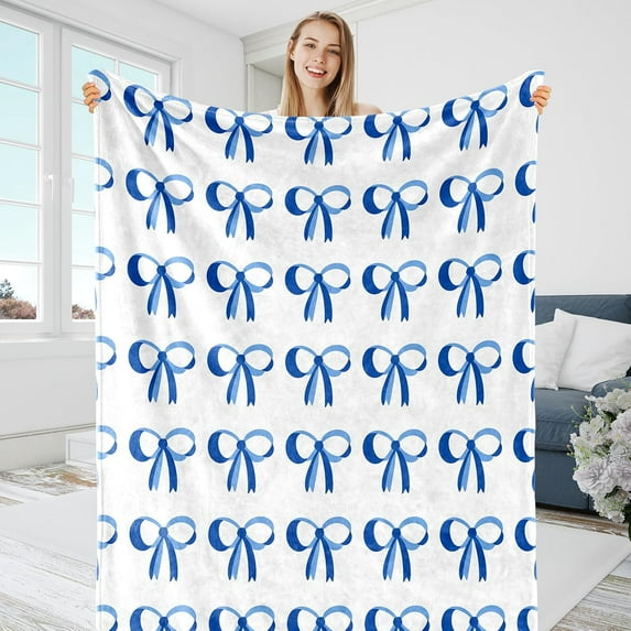 Blue Bow Fuzzy Blanket Blue and White Bowknot Throw Blanket Cute Bowtie Cozy Flannel Blanket for Home Bed Sofa Couch Chair, 50 x 60 Inch
