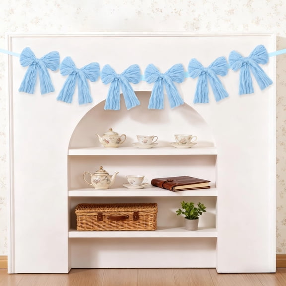 Blue Bow Garland Banner, 6 Pcs Fabric Bow Party Decorations, 78 in Ribbon Bow Party Banner, Blue New Arrival Shower Decor, Perfect for Birthday, Wedding, Backdrops, Window Display